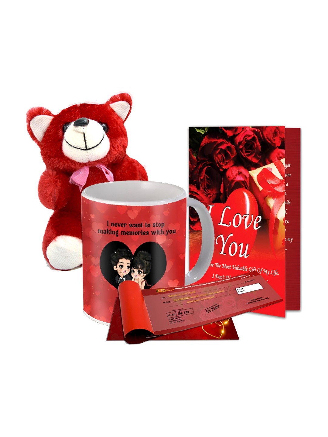 

ME & YOU 4 Pieces Printed Teddy Mug Greeting Card & Love Cheque Book Home Gift Set, Red