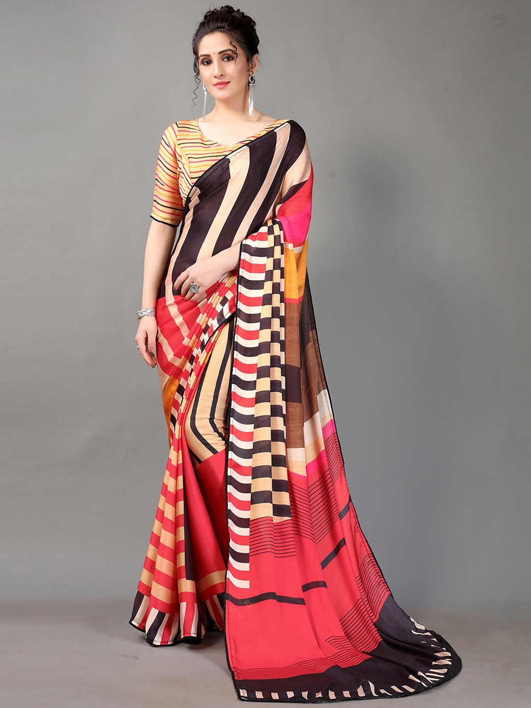 

HRITIKA Striped Satin Saree, Red