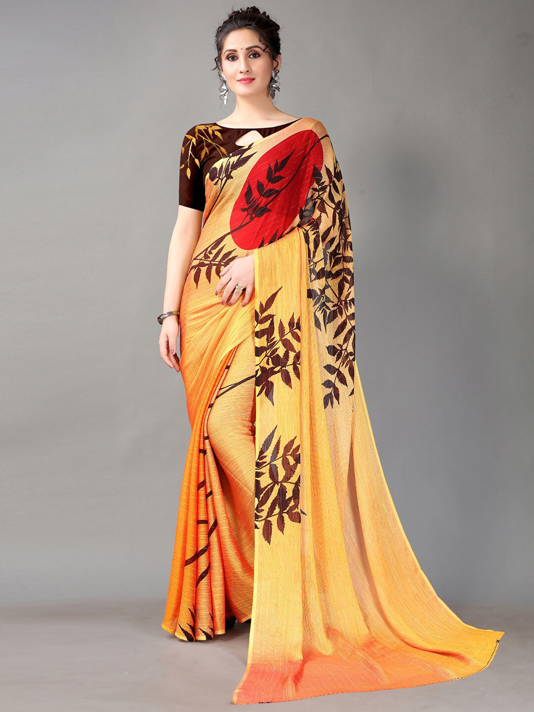 

HRITIKA Floral Printed Saree, Yellow