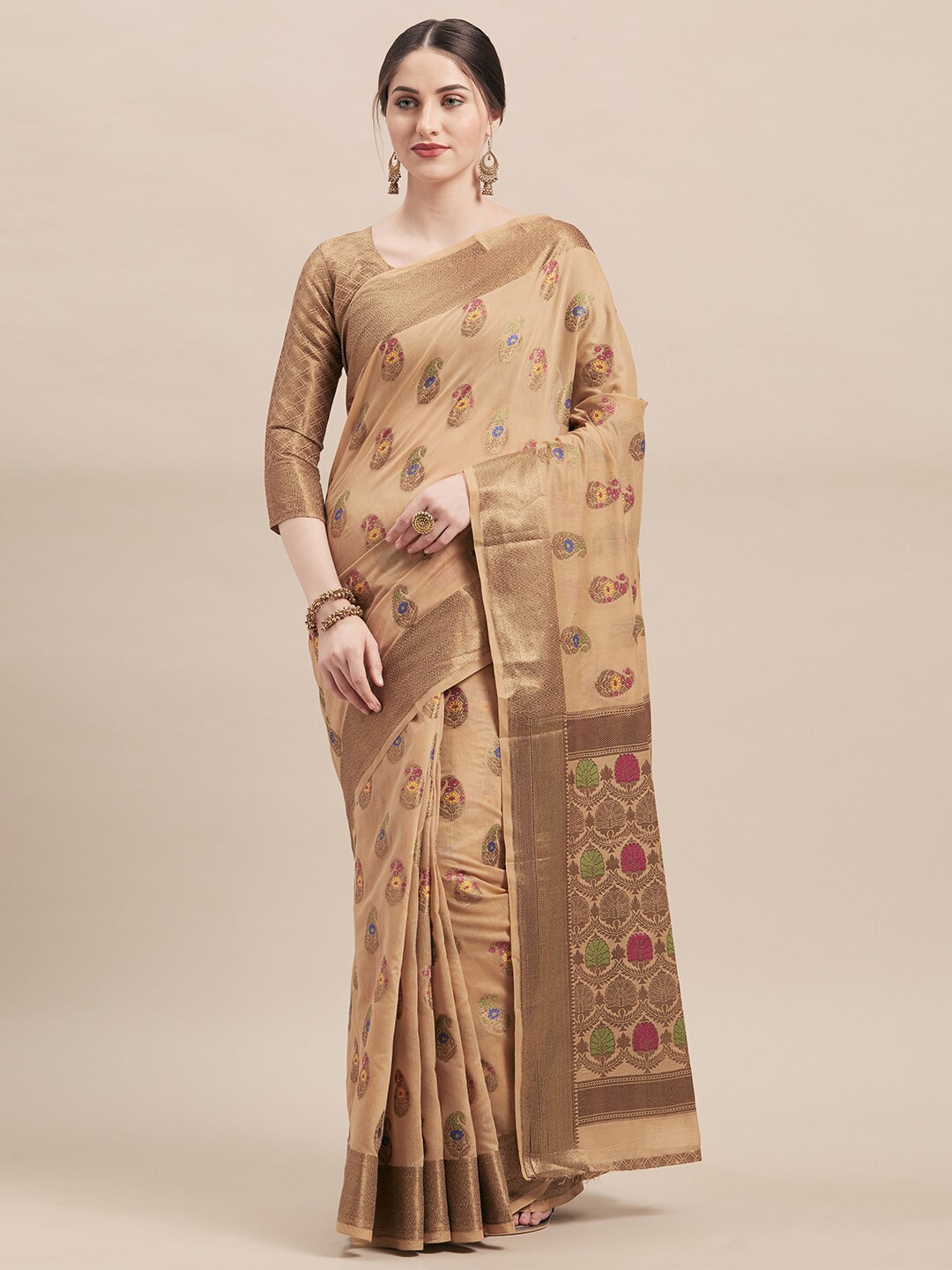 

HRITIKA Ethnic Motifs Woven Design Zari Saree, Beige