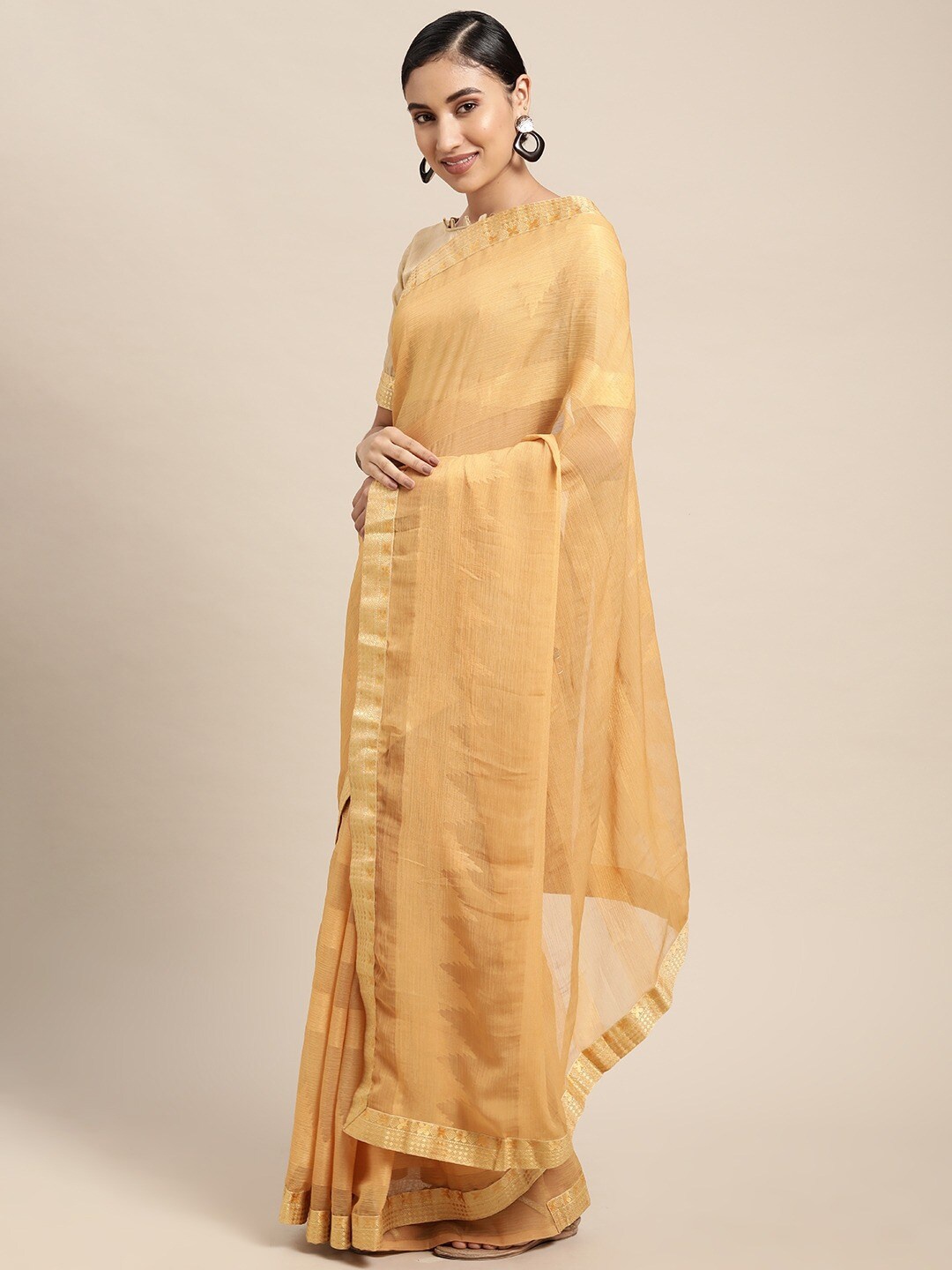 

HRITIKA Striped Zari Saree, Beige