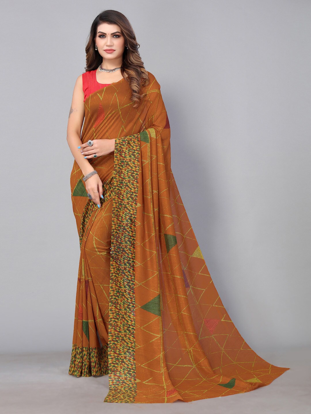 

HRITIKA Geometric Printed Saree, Rust