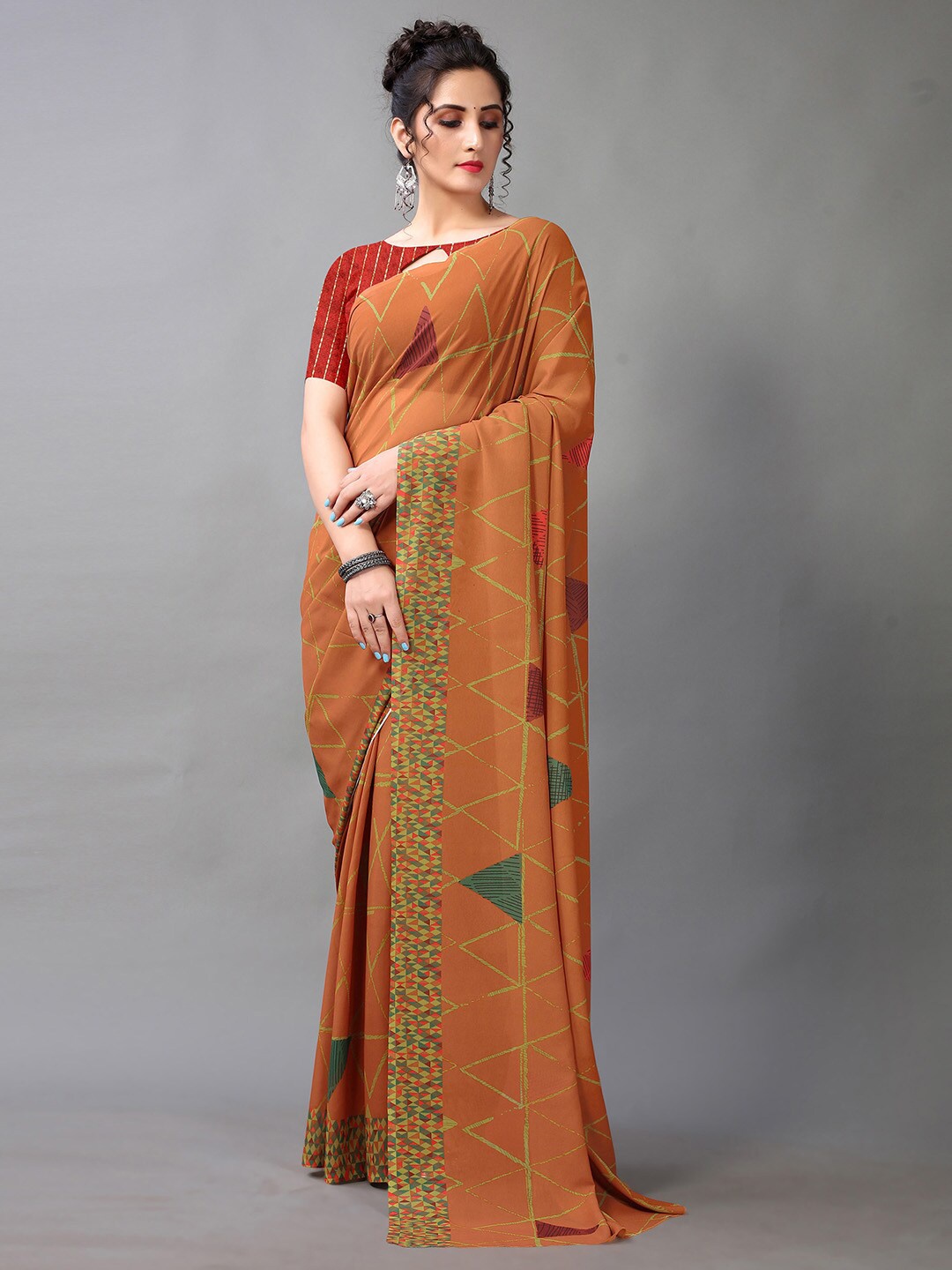 

HRITIKA Geometric Printed Saree, Rust