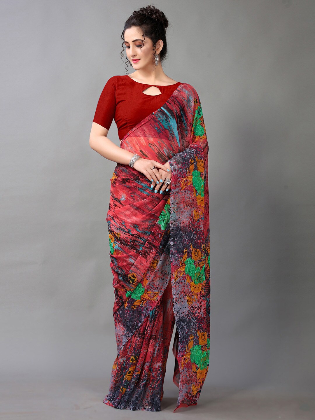 

HRITIKA Floral Printed Georgette Saree, Maroon