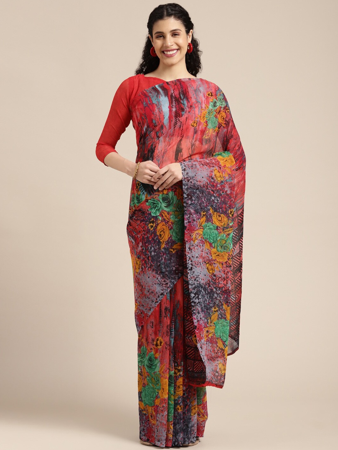 

HRITIKA Floral Printed Georgette Saree, Green