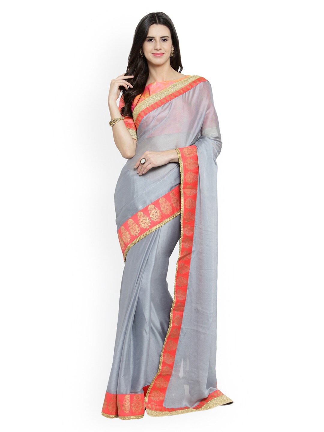 

HRITIKA Zari Border Saree, Grey