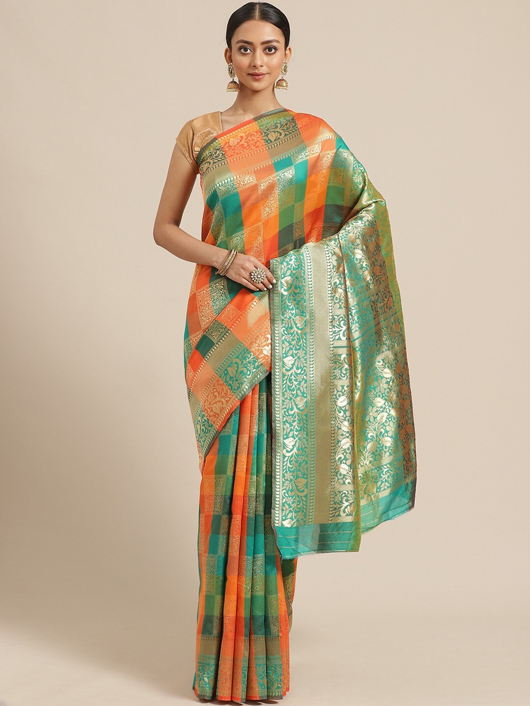 

HRITIKA Woven Design Checked Patchwork Silk Blend Saree, Orange