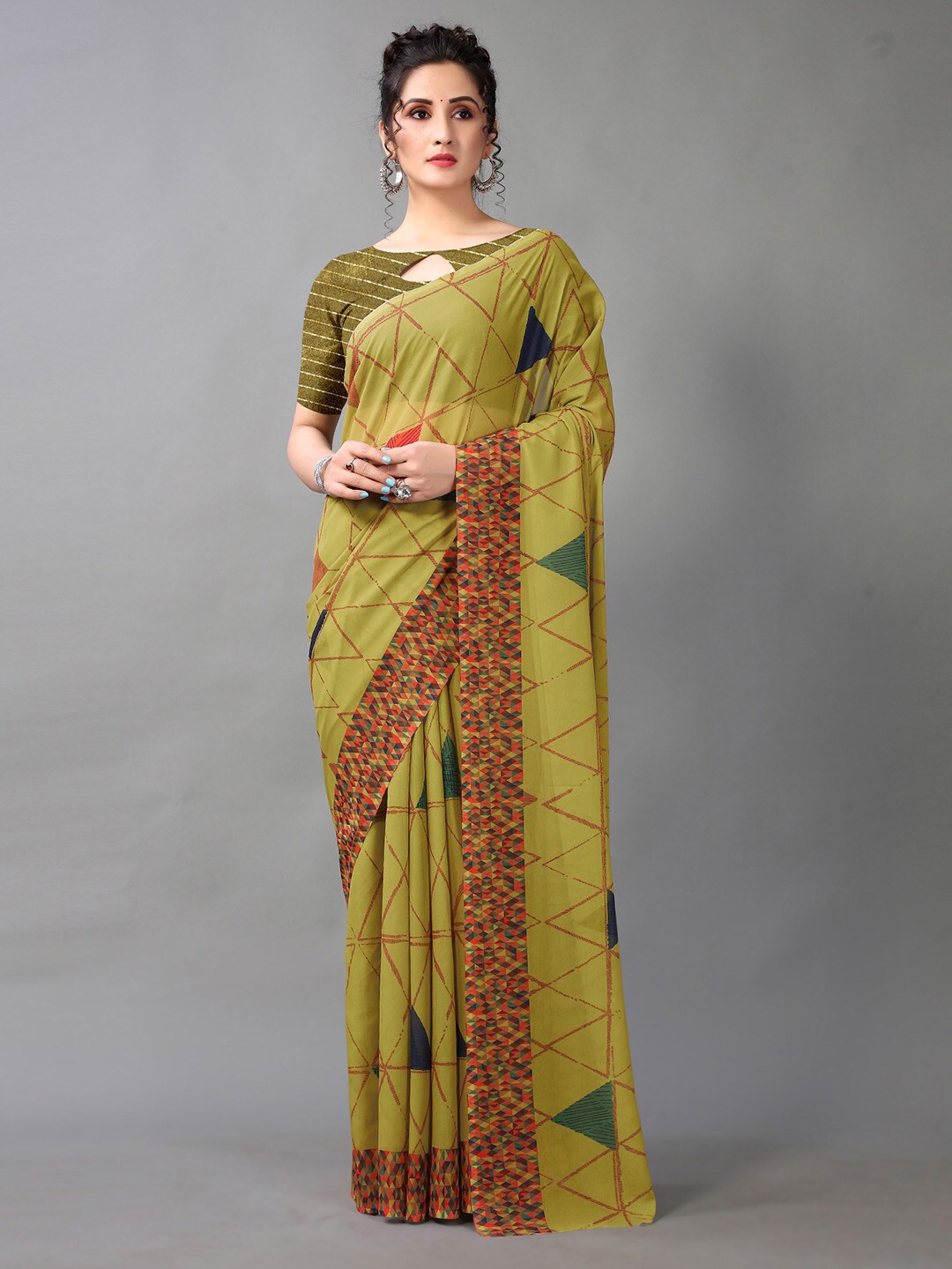 

HRITIKA Geometric Printed Saree, Green