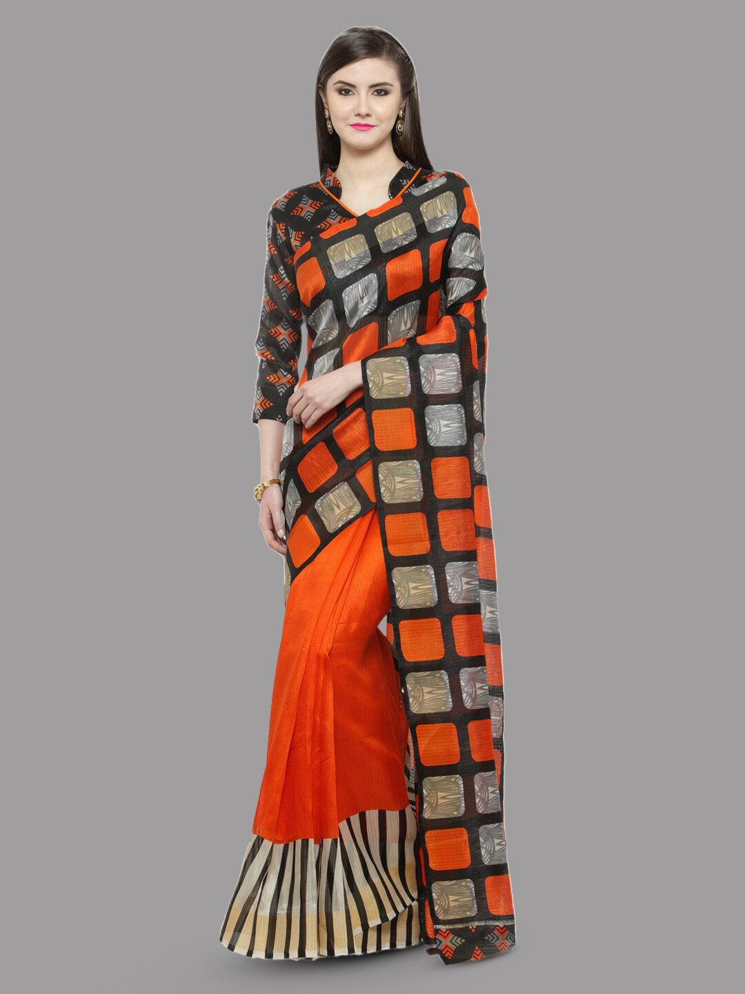

HRITIKA Geometric Printed Saree, Orange