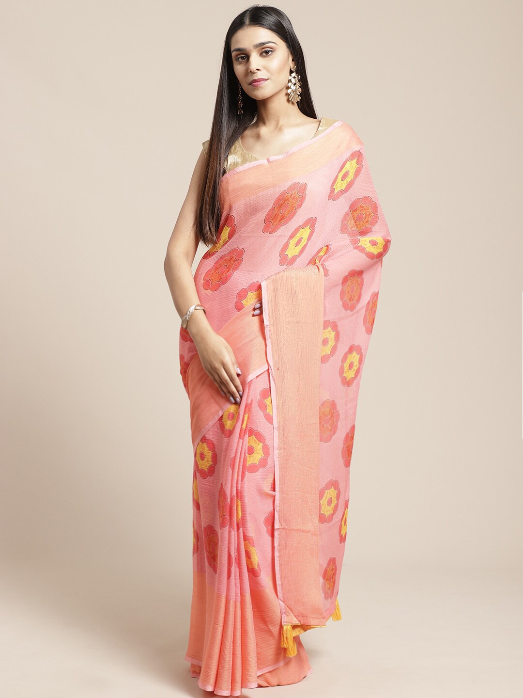 

HRITIKA Floral Printed Zari Tassle Border Saree, Peach