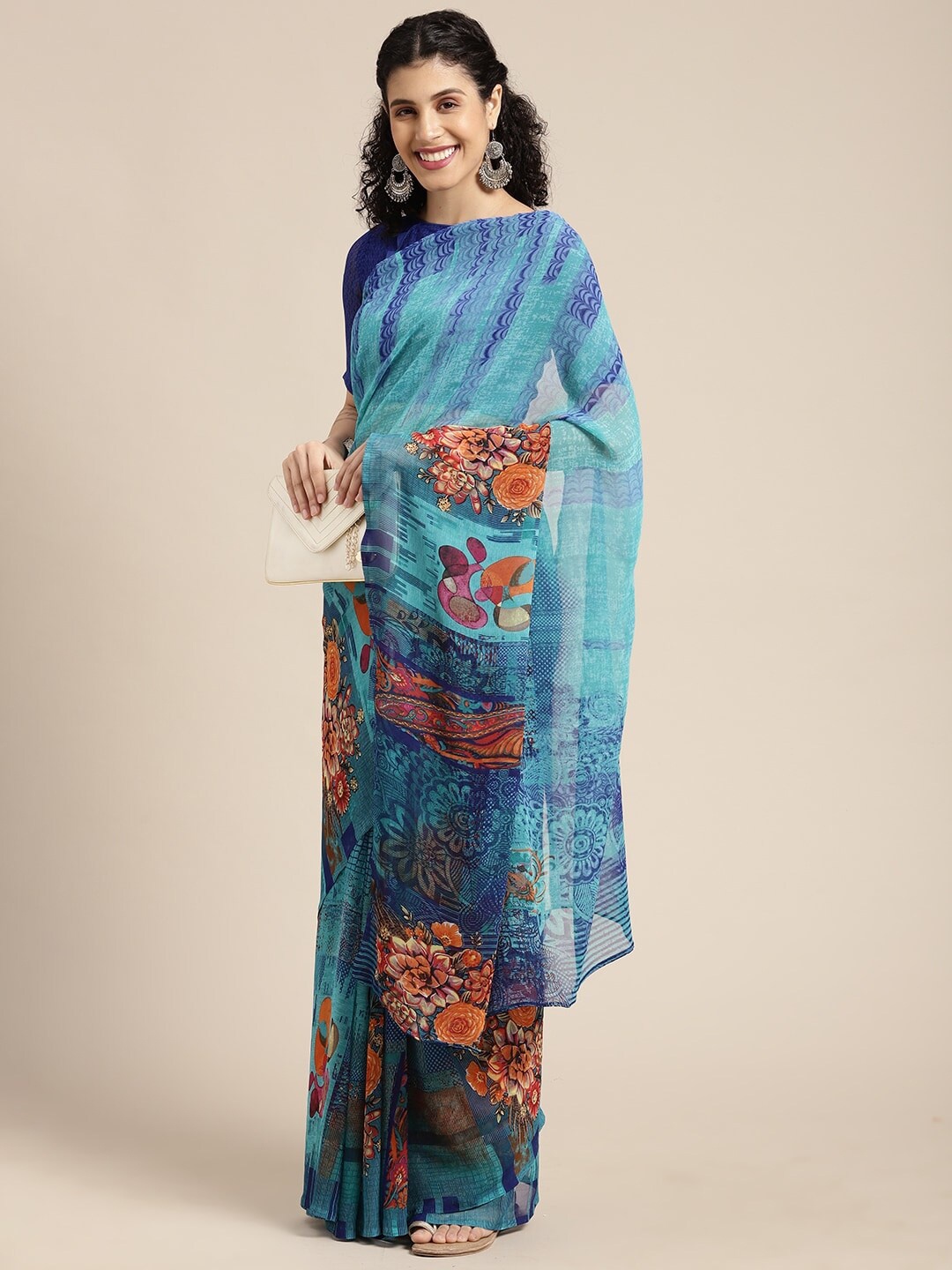 

HRITIKA Floral Printed Saree, Blue