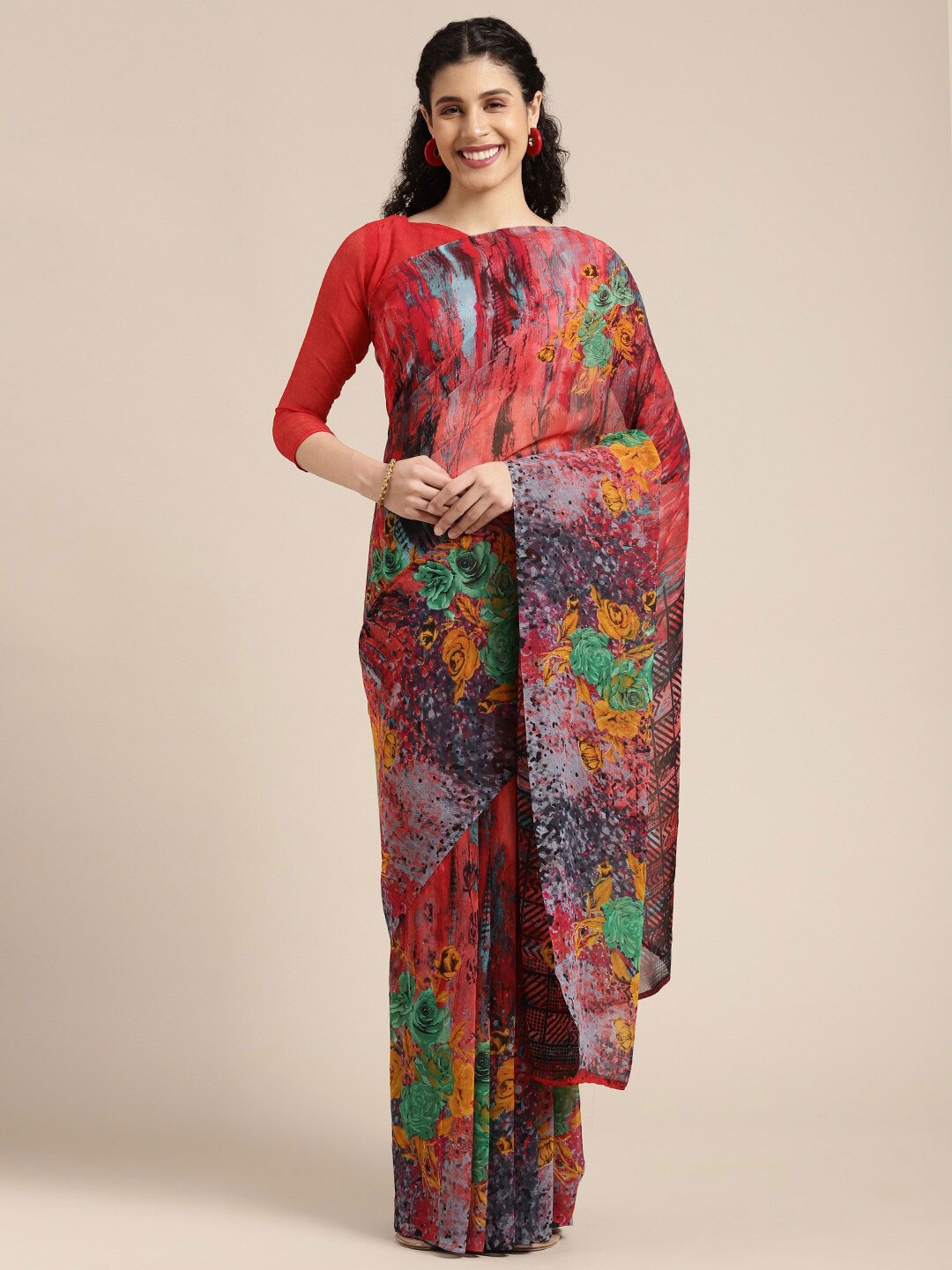 

HRITIKA Floral Printed Saree, Maroon