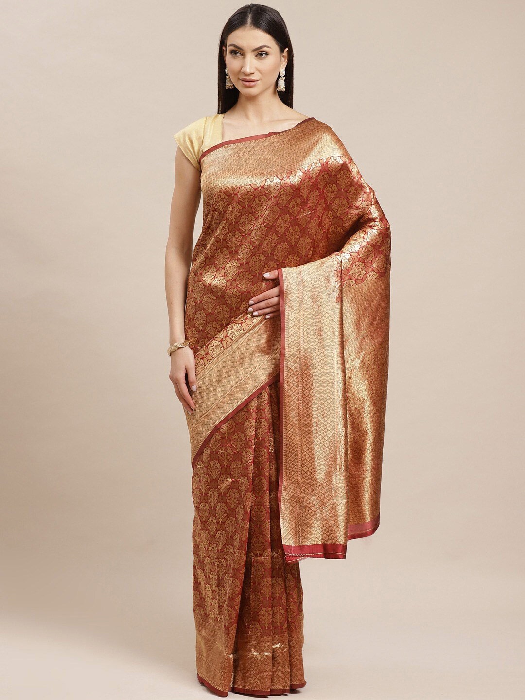 

HRITIKA Colourblocked Woven Design Zari Saree, Maroon