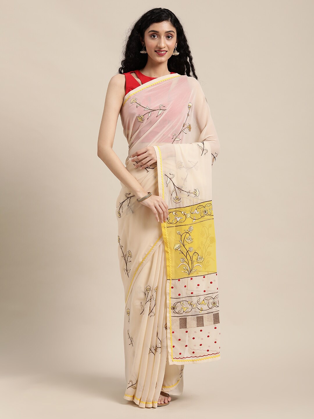 

HRITIKA Floral Embroidered Saree, Beige