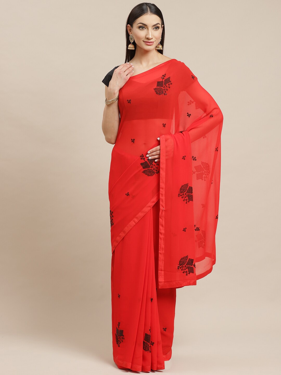 

HRITIKA Ethnic Motifs Embroidered Saree, Red