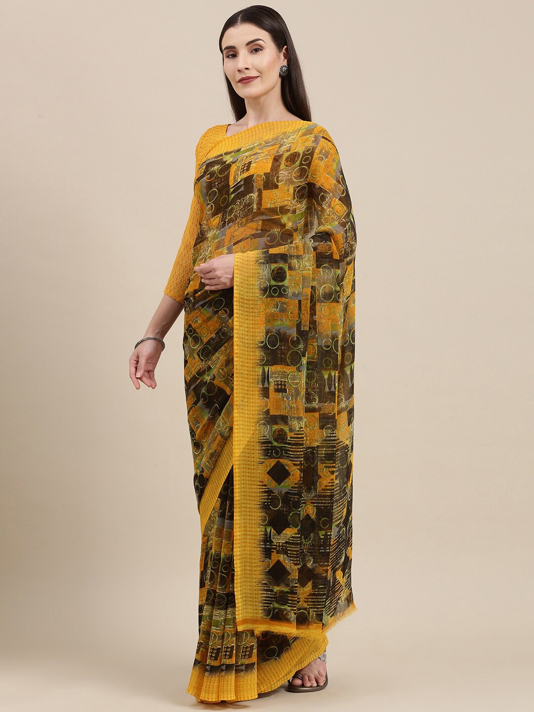 HRITIKA Geometric Printed Saree, Yellow