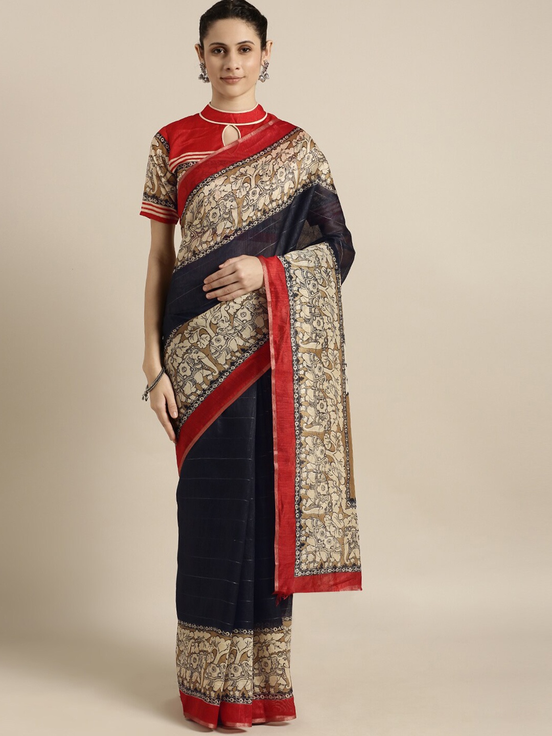 HRITIKA Ethnic Motifs Printed Zari Saree, Black