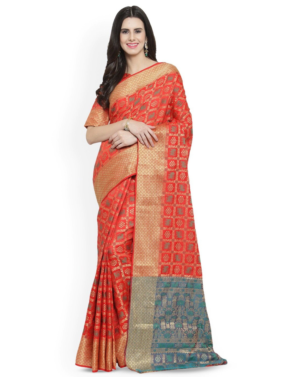 

HRITIKA Woven Design Zari Silk Blend Saree, Orange