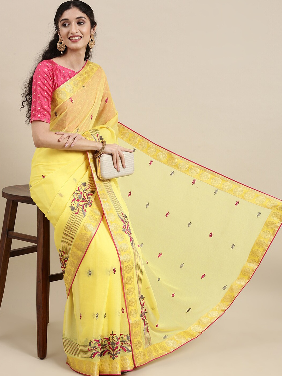 HRITIKA Floral Embroidered Chiffon Saree, Yellow