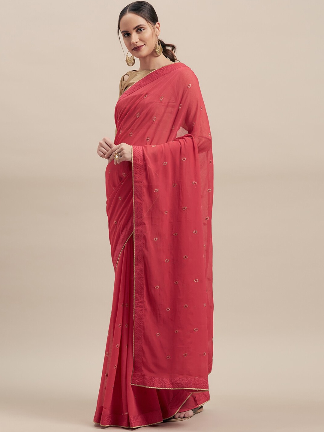 HRITIKA Floral Sequinned Chiffon Saree, Pink