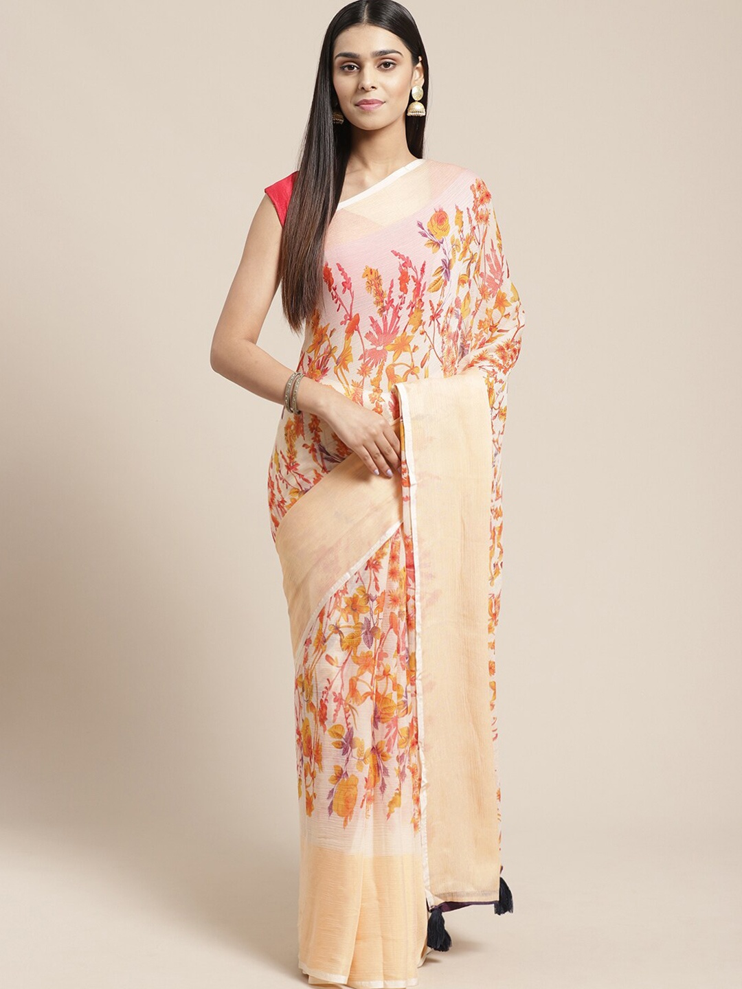 

HRITIKA Floral Printed Saree, Beige