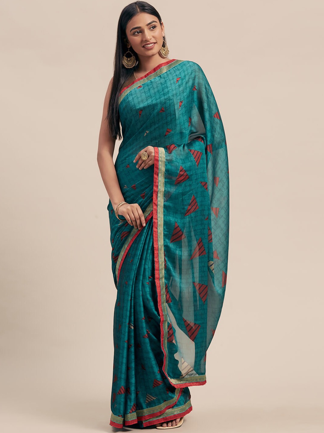 

HRITIKA Geometric Printed Saree, Green