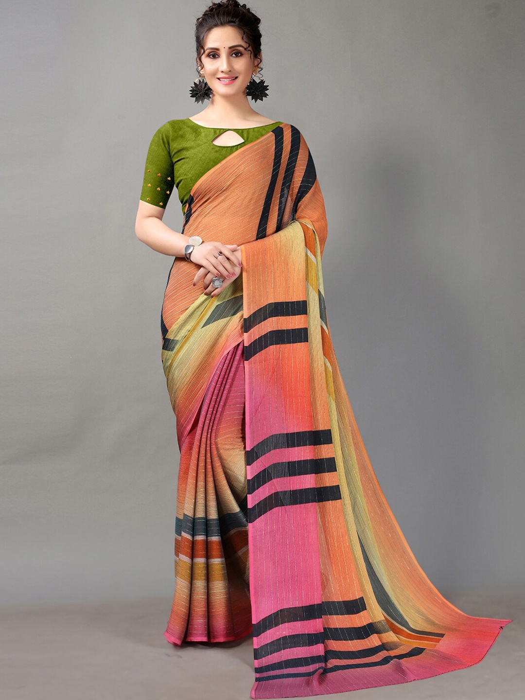 

HRITIKA Striped Printed Saree With Blouse Piece, Pink