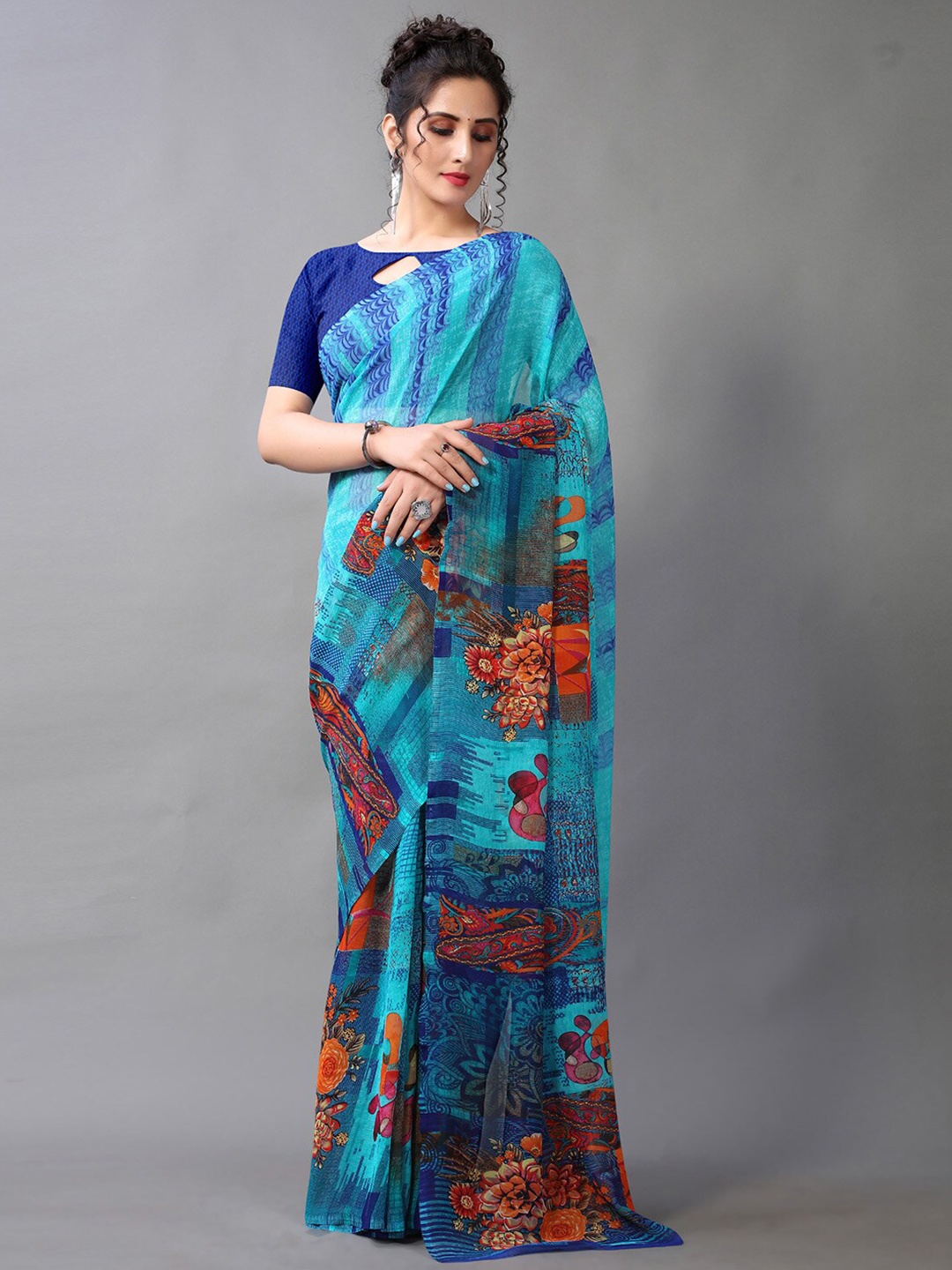 

HRITIKA Floral Printed Saree With Blouse Piece, Blue