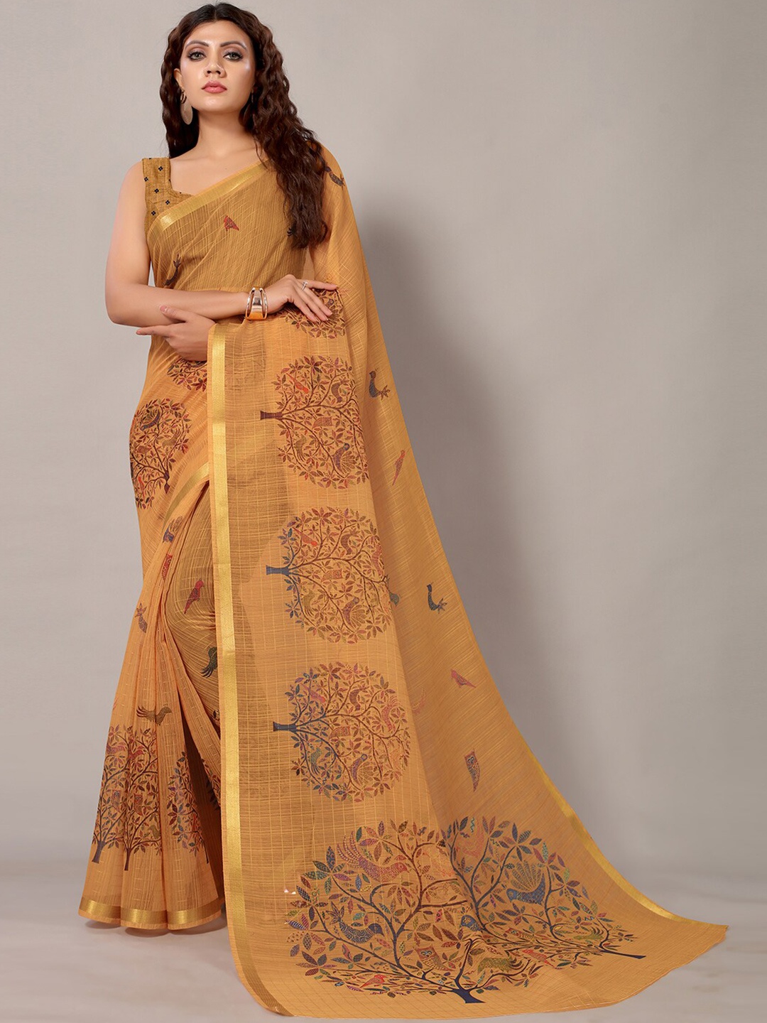 

HRITIKA Floral Printed Zari Art Silk Saree, Mustard