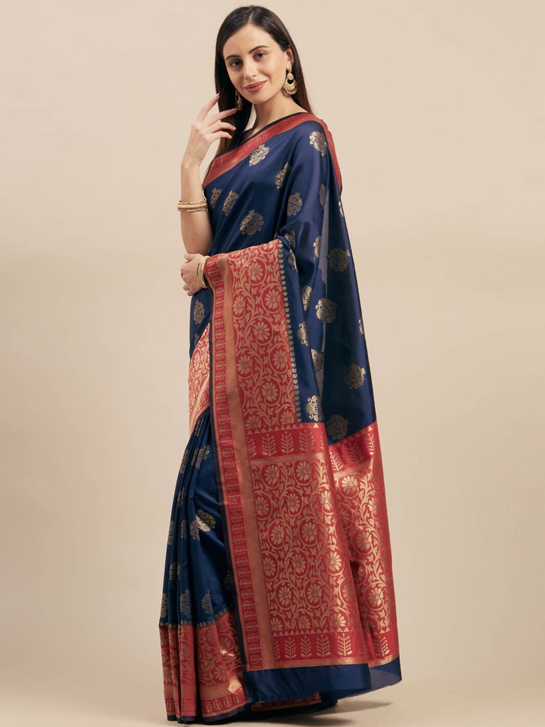 HRITIKA Ethnic Motifs Woven Design Zari Saree, Navy blue