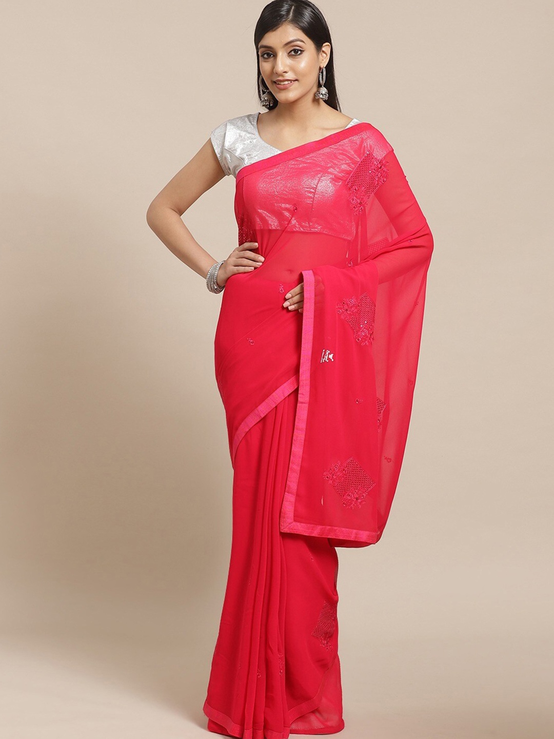 HRITIKA Ethnic Motifs Sequinned Embroidered Saree, Pink