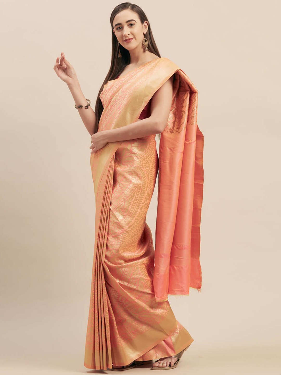 

HRITIKA Paisley Woven Design Saree, Peach