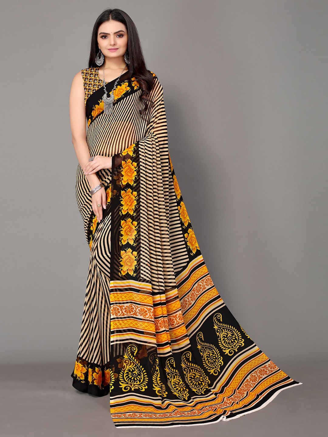 HRITIKA Striped Printed Saree, Yellow