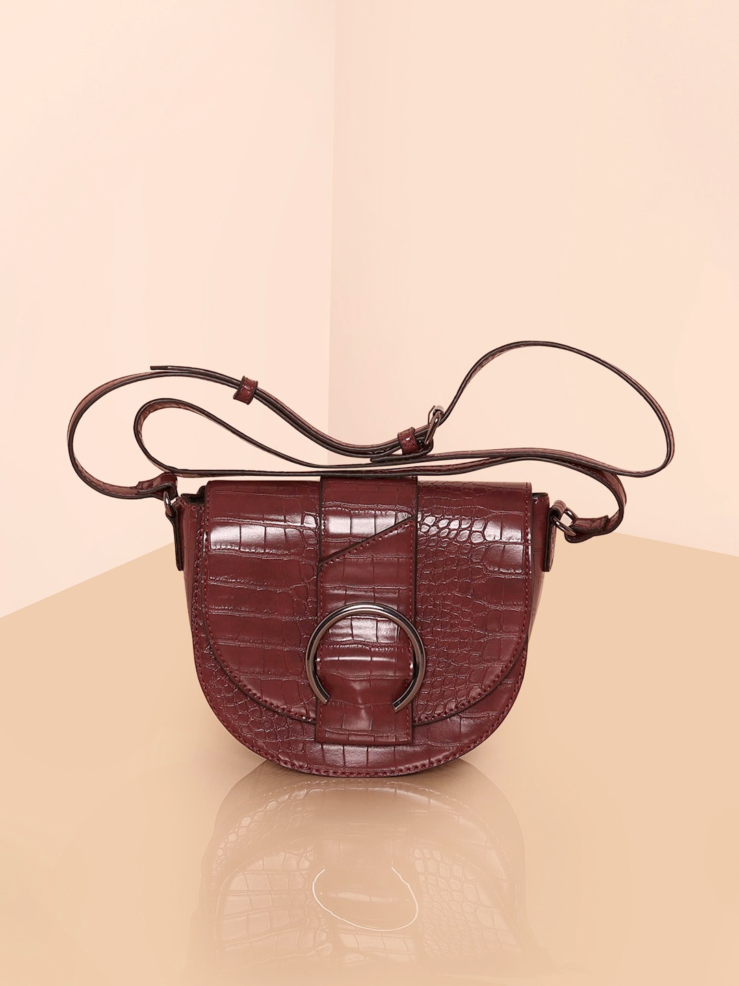 

Accessorize Faux Croc Ring Detail Saddle Bag, Maroon