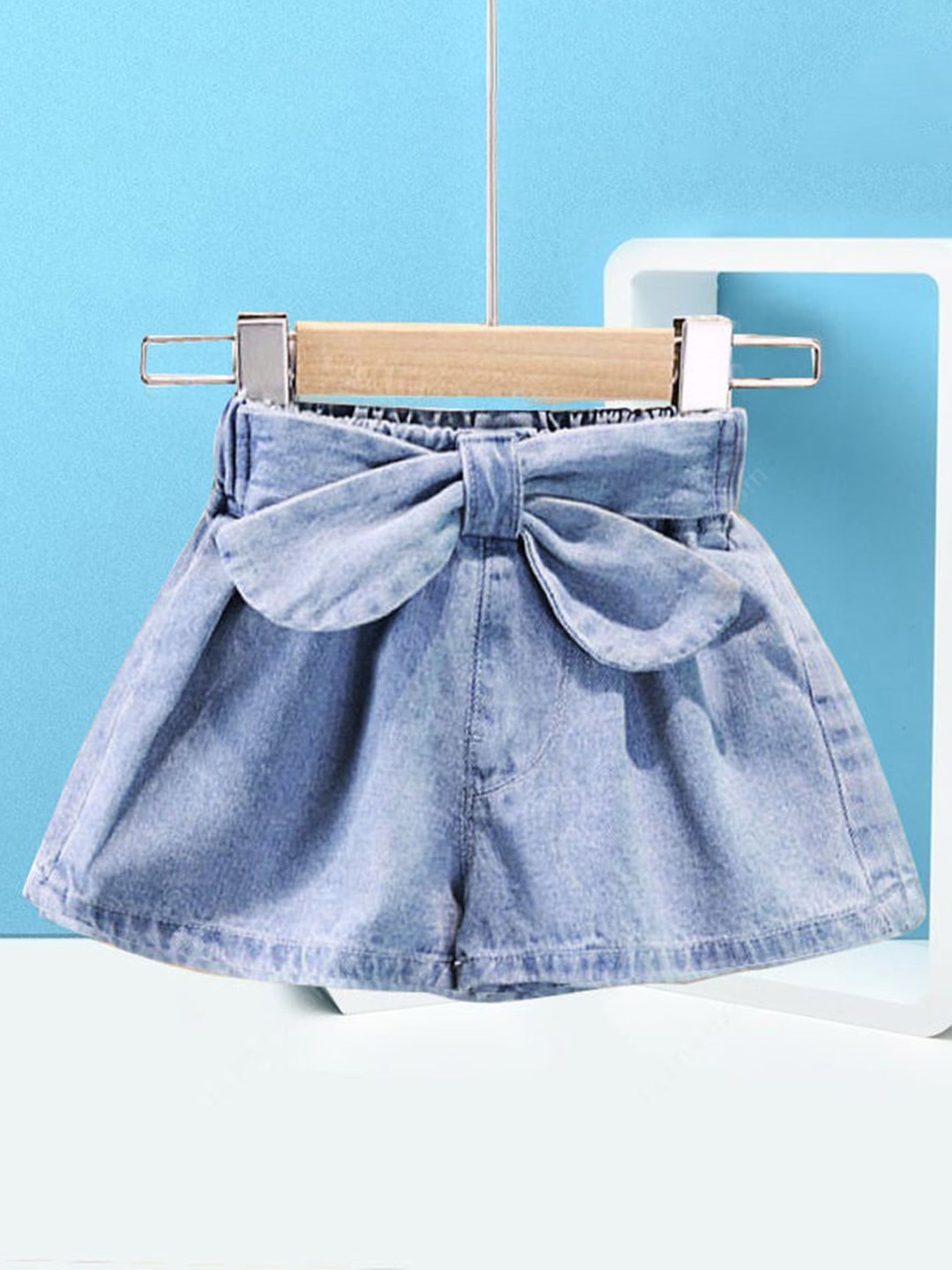 

INCLUD Girls Loose Fit High-Rise Bow Detail Pure Cotton Denim Shorts, Blue