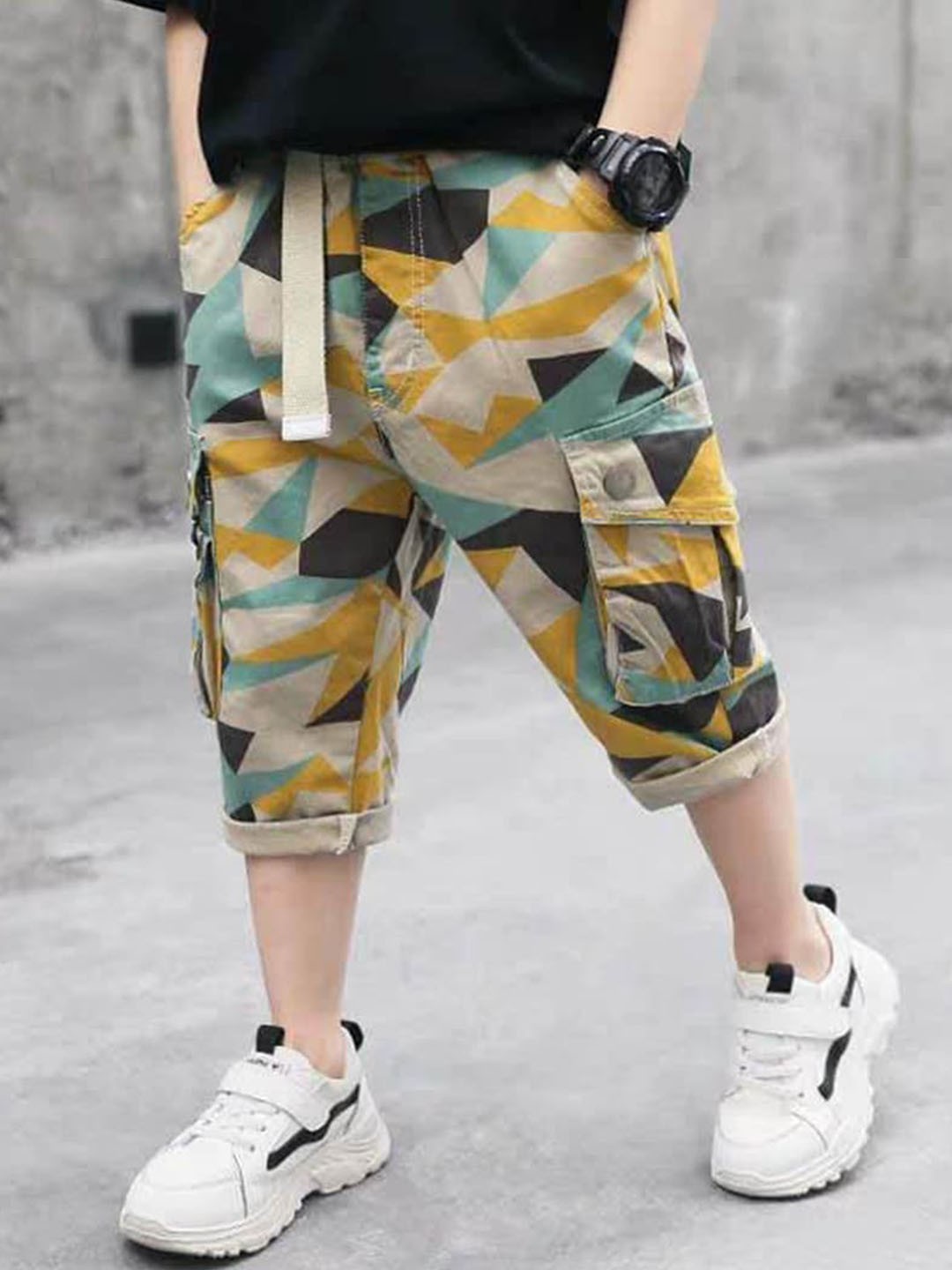 

INCLUD Boys Geometric Printed Pure Cotton Cargo Shorts, Yellow