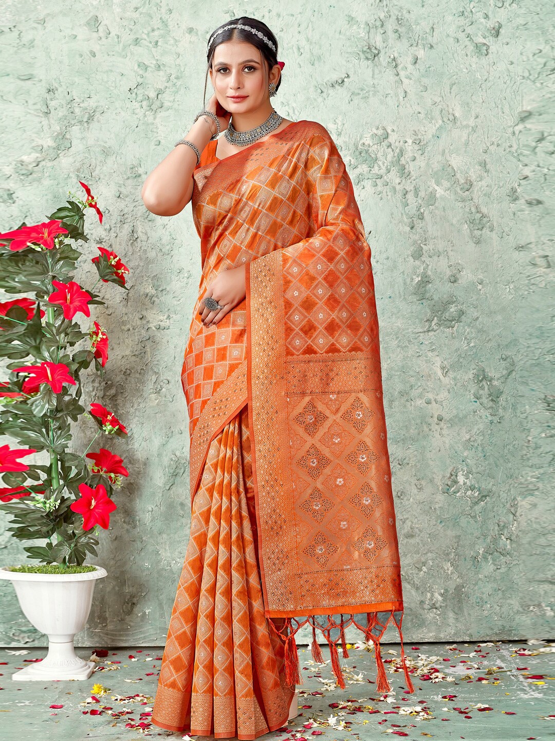 

Mitera Woven Design Zari Organza Saree, Orange