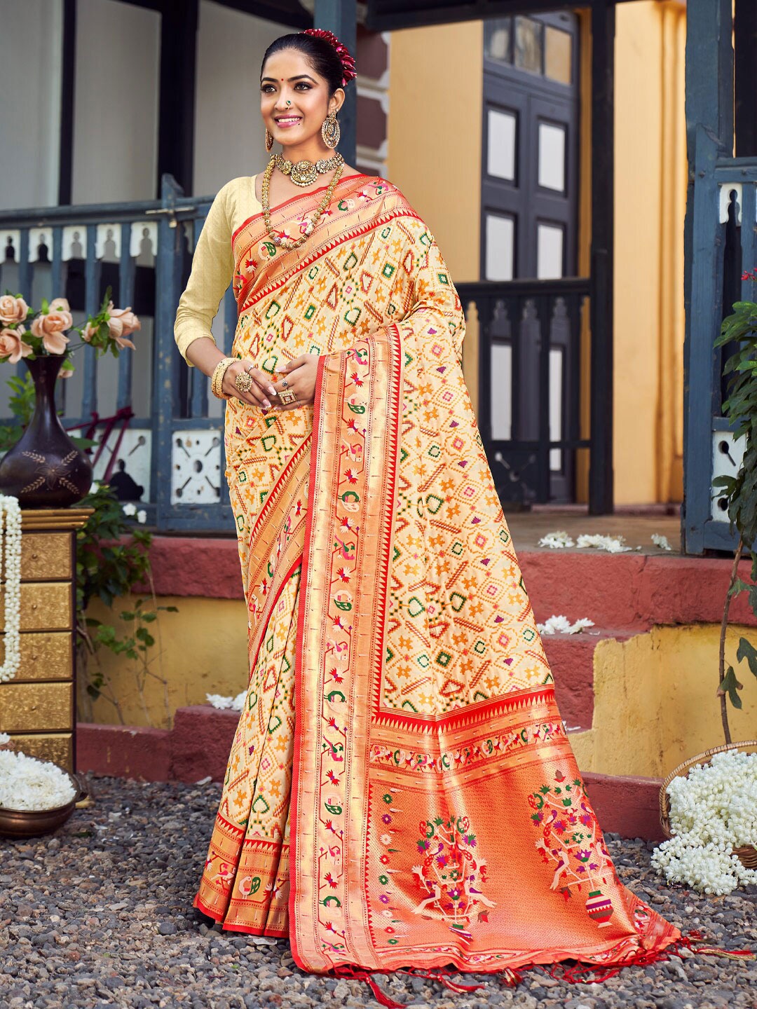 

Mitera Ethnic Motifs Woven Design Zari Patola Saree, Cream