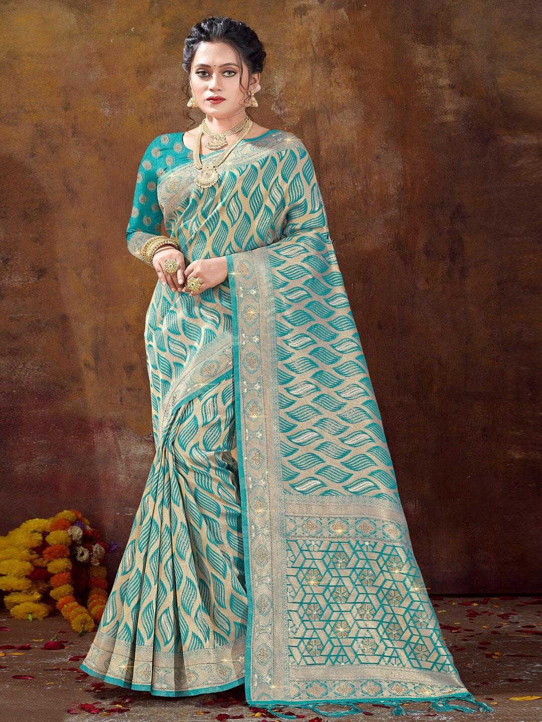 

Mitera Floral Woven Design Zari Organza Saree, Sea green