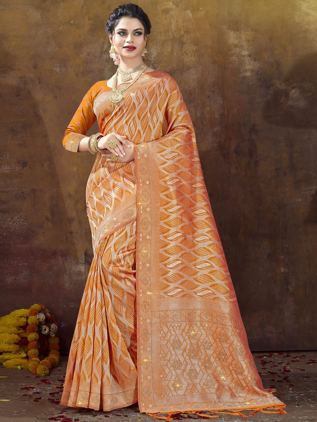 

Mitera Floral Woven Design Zari Organza Saree, Orange