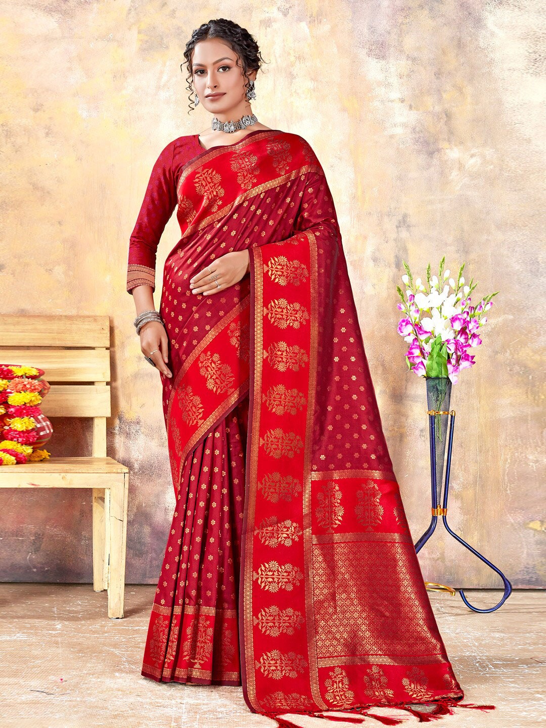 

Mitera Ethnic Woven Design Zari Saree With Tassels, Red