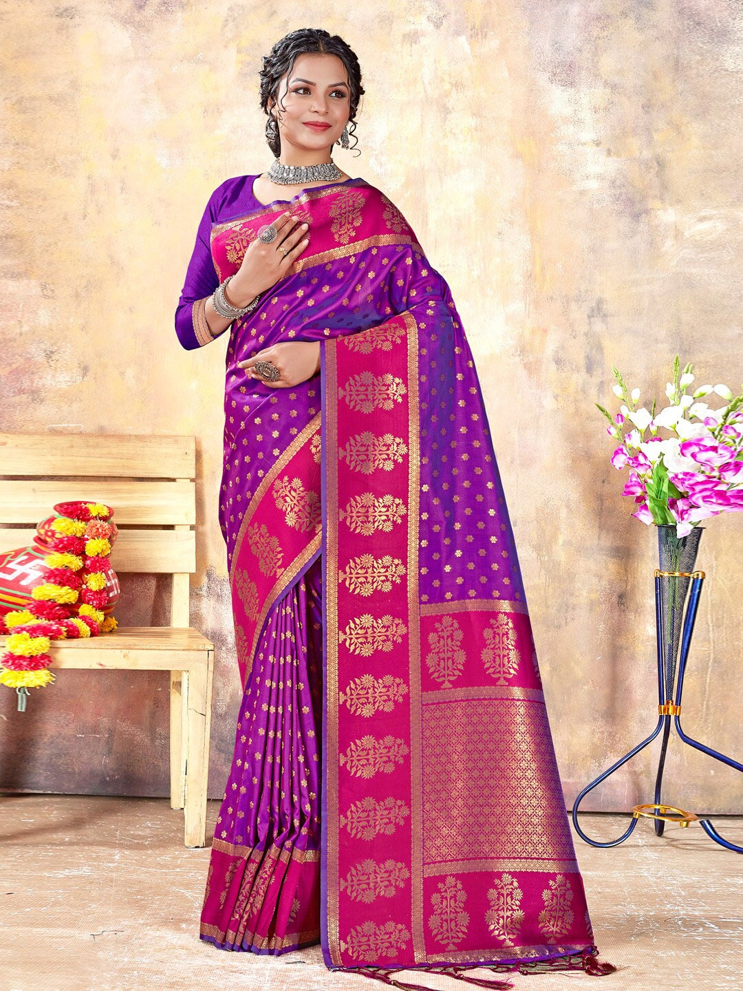 

Mitera Ethnic Woven Design Zari Saree With Tassels, Violet
