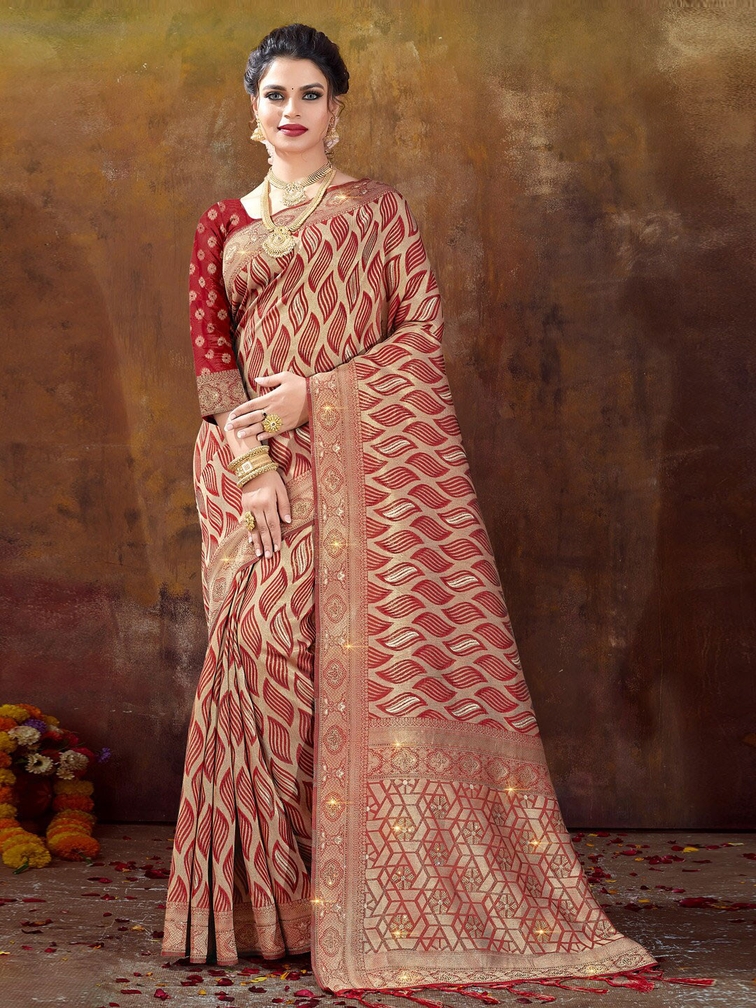 

Mitera Ethnic Woven Design Zari Organza Saree With Tassels, Maroon