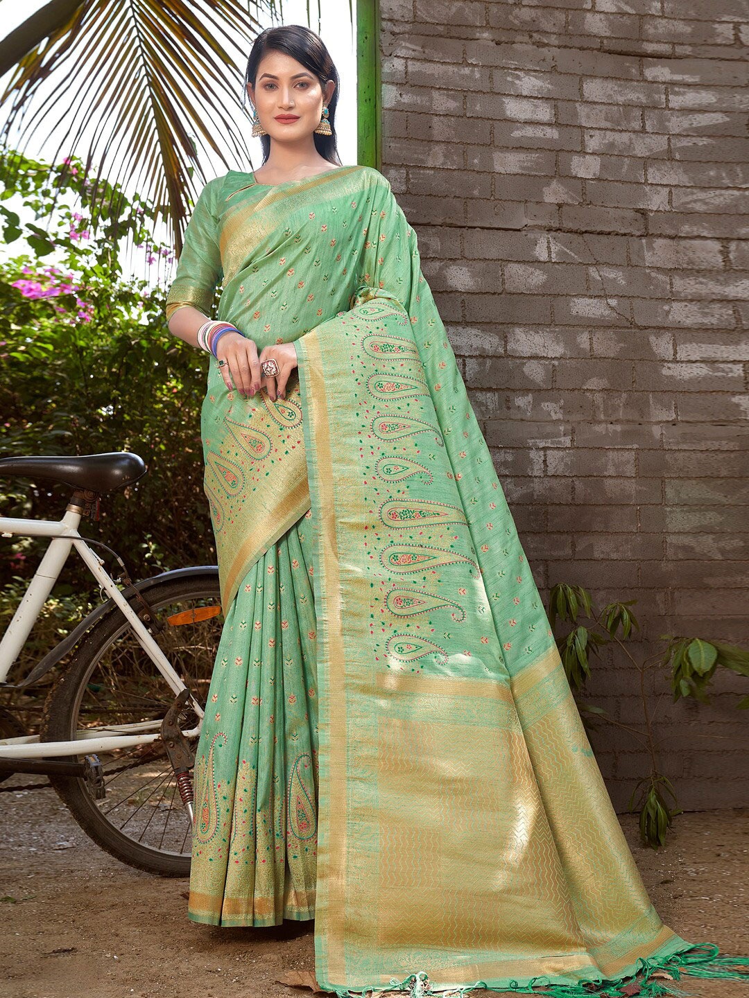 

Mitera Ethnic Woven Design Zari Saree With Tassels, Sea green