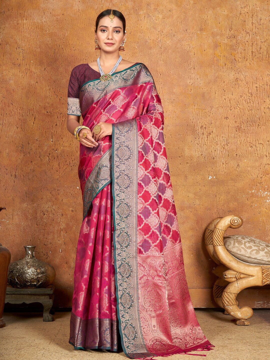 

Mitera Ethnic Woven Design Zari Organza Saree With Tassels, Pink