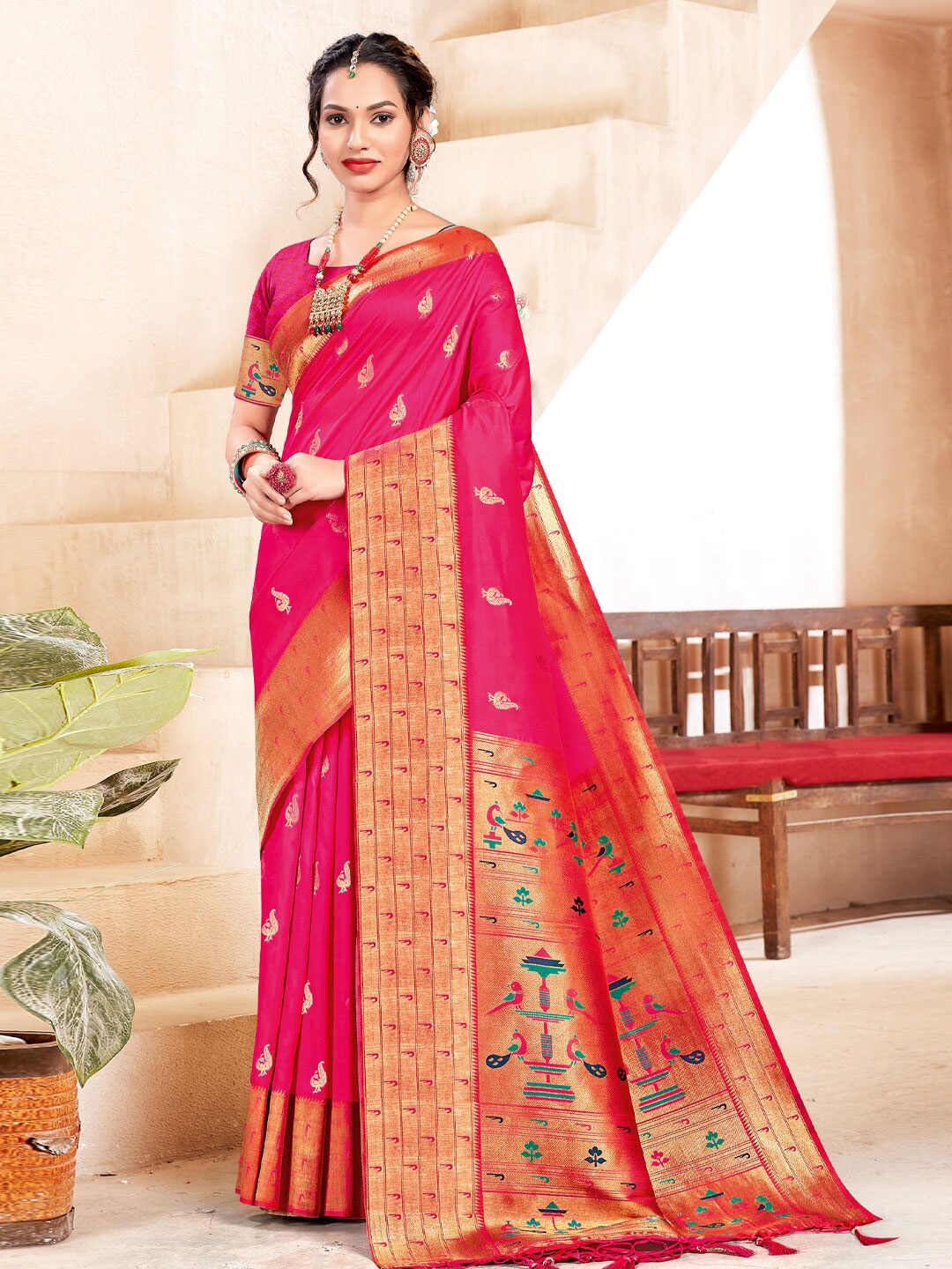 

Mitera Ethnic Motifs Woven Design Zari Silk Blend Paithani Saree, Pink