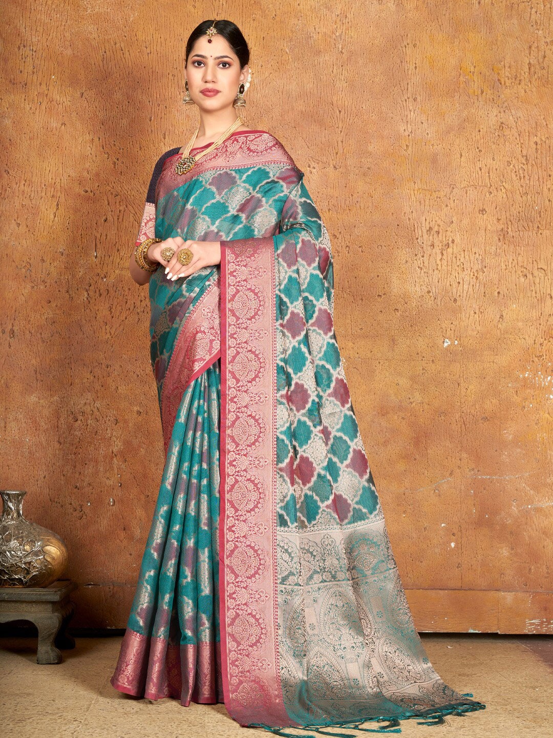 

Mitera Ethnic Motifs Woven Design Zari Organza Saree, Sea green