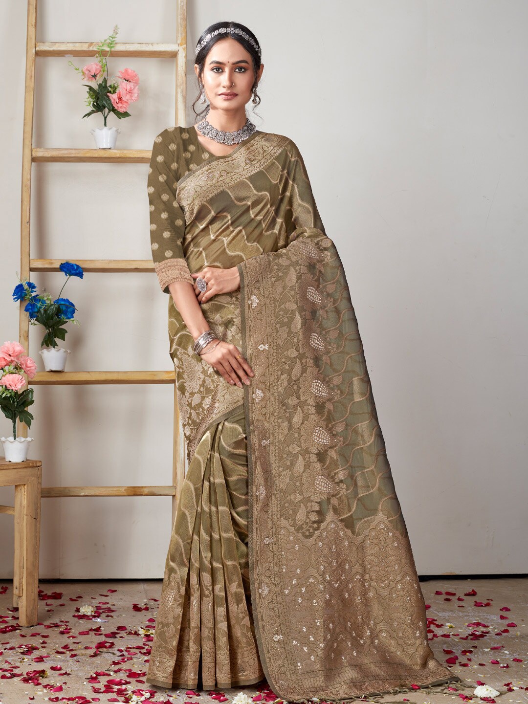 

Mitera Ethnic Woven Design Zari Organza Saree, Olive