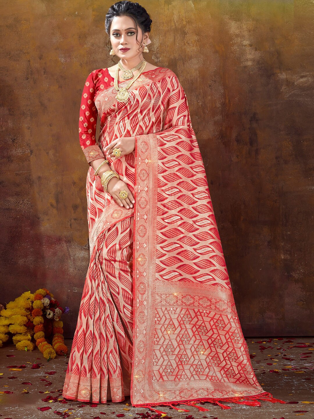 

Mitera Red Embroidered Woven Design Zari Saree