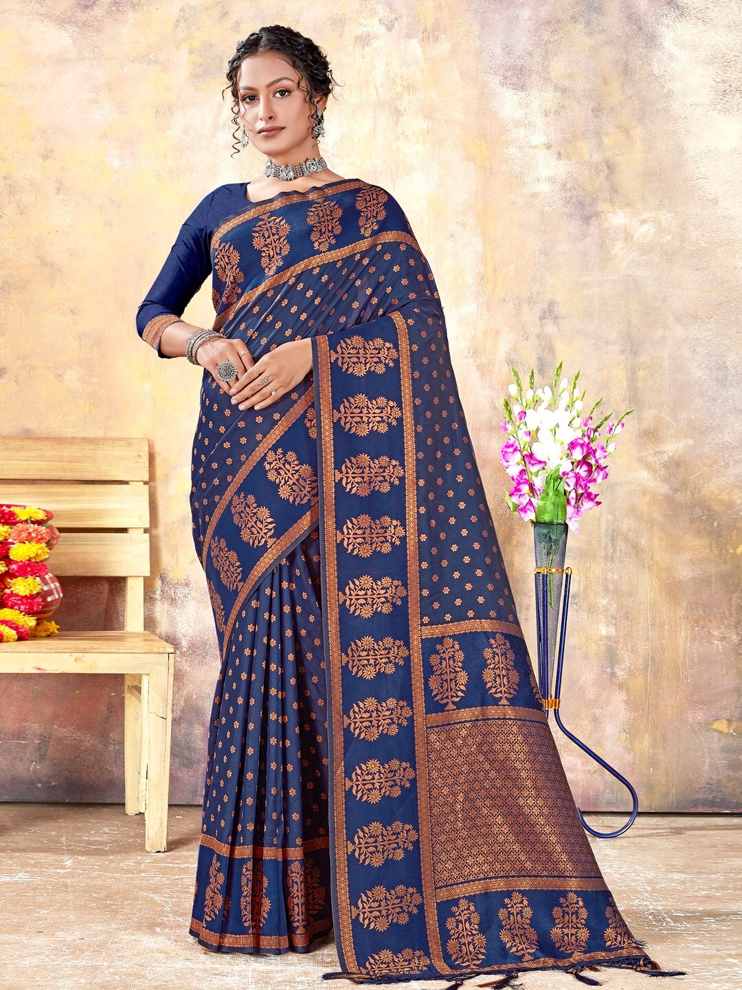 

Mitera Blue Ethnic Motifs Woven Design Zari Saree